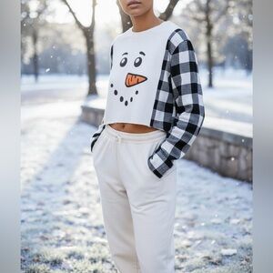Reworked Upcycle Grunge Oversize Crop Snowman ChristmasFlannel Sweater S/M